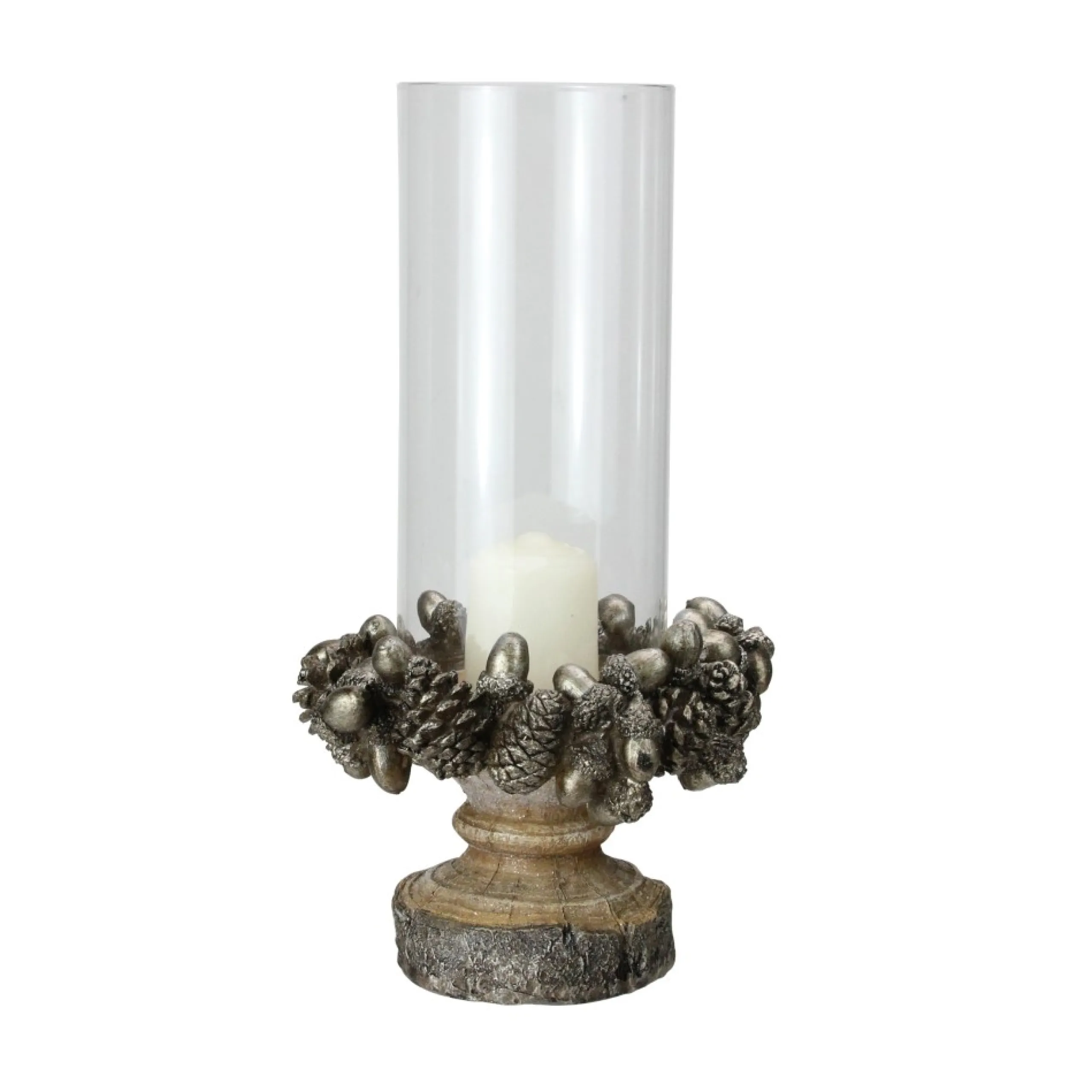 Candles & Holders*Raz 11" Rustic Acorn And Pinecone Tree Pillar Candle Holder With Glass Case