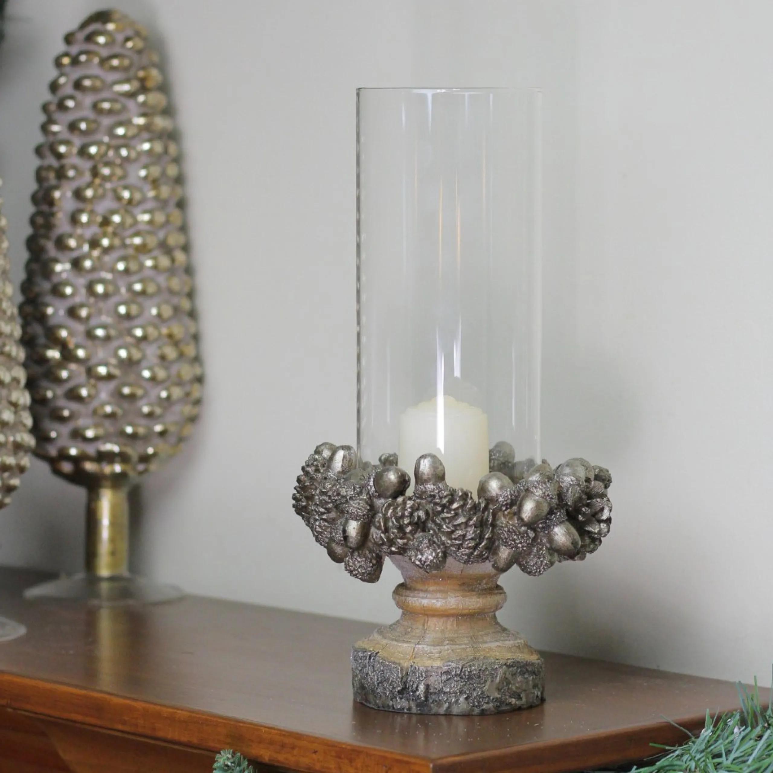 Candles & Holders*Raz 11" Rustic Acorn And Pinecone Tree Pillar Candle Holder With Glass Case
