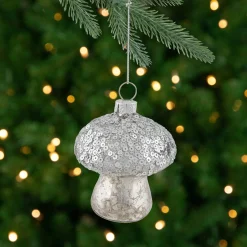 Northlight Woodland>3.5" Sequined Silver Mushroom Glass Christmas Ornament