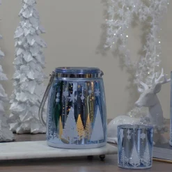 Candles & Holders*Northlight 6.25" Shiny Blue And Silver Winter Forest And Snowflake Christmas Flameless Candle Lantern