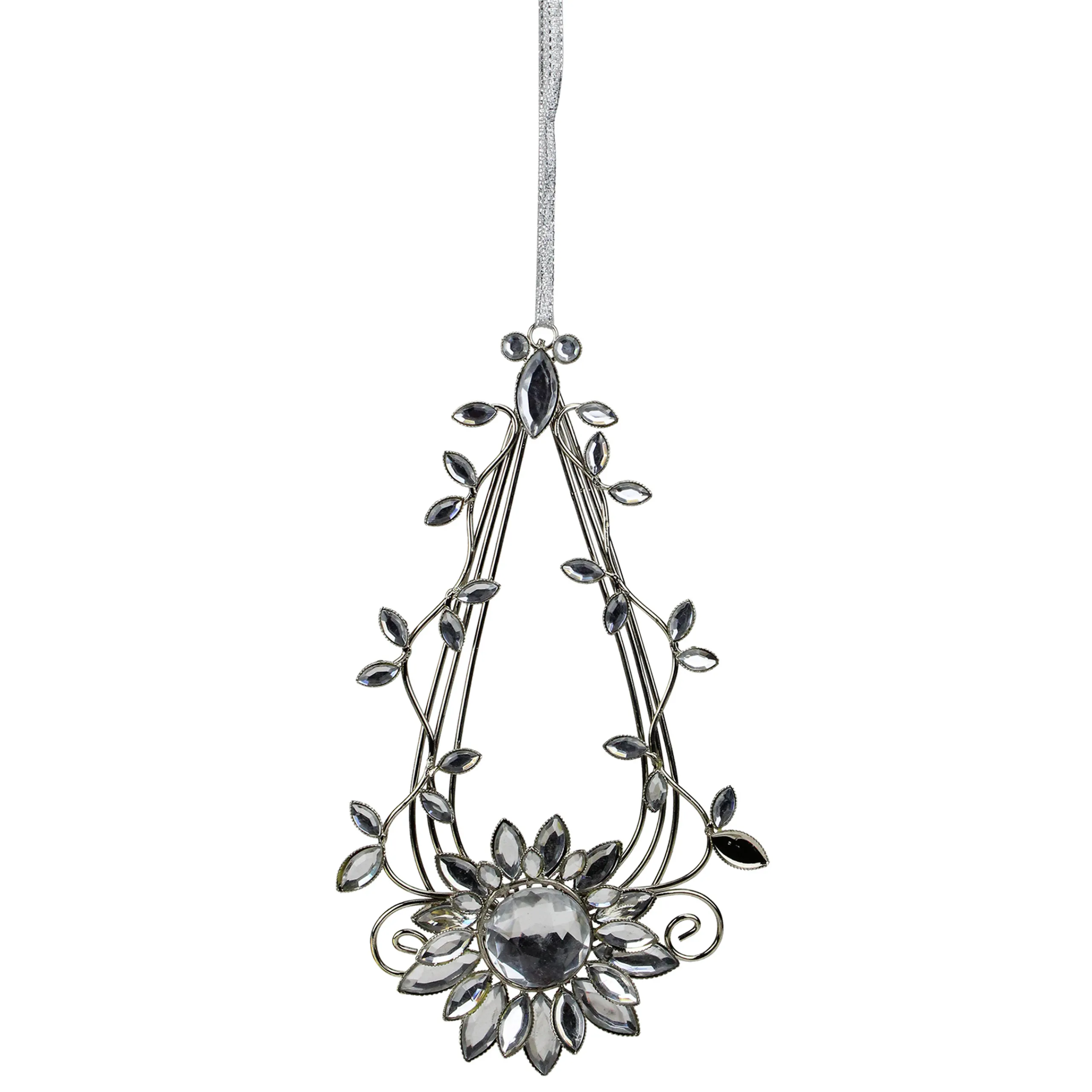 Allstate Garden & Floral>7" Silver Flower Jeweled Teardrop Christmas Ornament