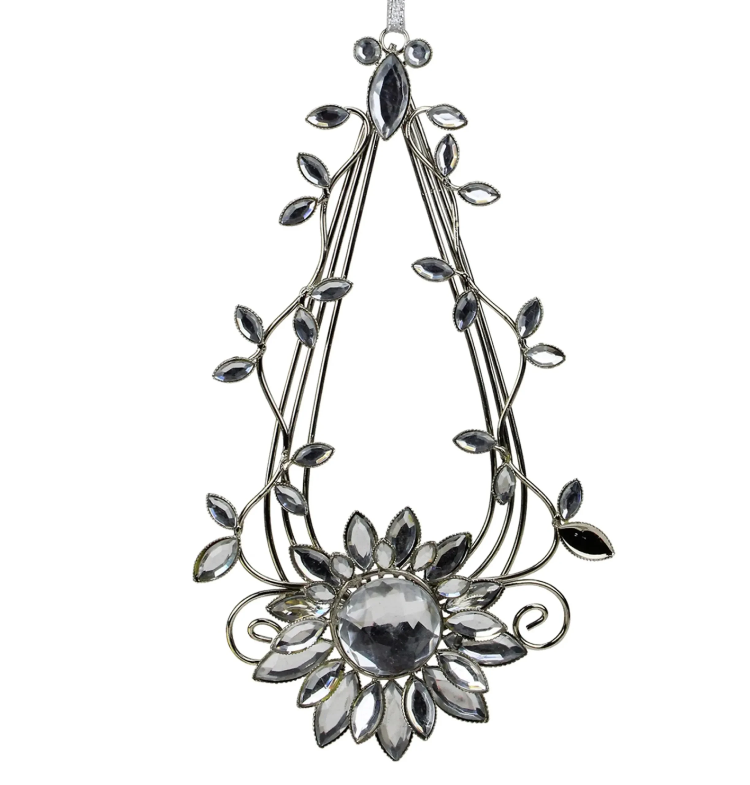 Allstate Garden & Floral>7" Silver Flower Jeweled Teardrop Christmas Ornament