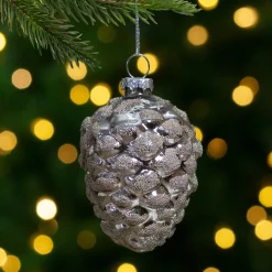 Northlight Pine Cones>3.5" Silver Glass Beaded Pine Cone Christmas Ornament