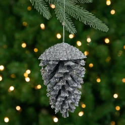 Northlight Woodland>5" Silver Glitter And Sequins Pine Cone Christmas Ornament