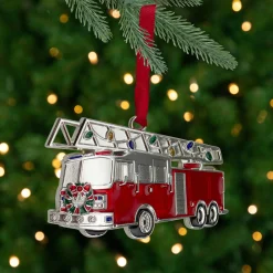 Northlight Occupations>3.5" Silver Plated Fire Truck With European Crystals Christmas Ornament
