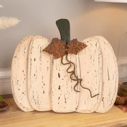 Northlight 15" Small White Wooden Fall Harvest Pumpkin With Leaves And Stem