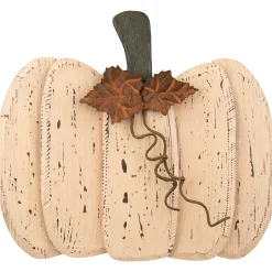 Northlight 15" Small White Wooden Fall Harvest Pumpkin With Leaves And Stem