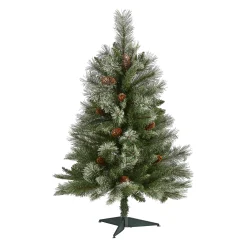 Nearly Natural 3 And 3.5 Feet Tall>3' Snowed French Pine Artificial Christmas Tree With Pinecones, Unlit