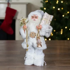 Santa Figures*Northlight 12" Standing Santa Christmas Figure Dressed In Plush Winter White And Gold