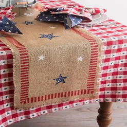 Contemporary Home Living 74" Stars And Stripes Americana Burlap 4Th Of July Table Runner