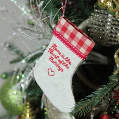 Roman Stockings>6.5" Tan And Red Embroidered Heart Stocking With Gingham Cuff Christmas Ornament