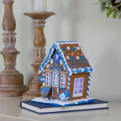 Kurt Adler 8" White And Blue Festive Hanukkah Gingerbread Led House Tabletop Decor