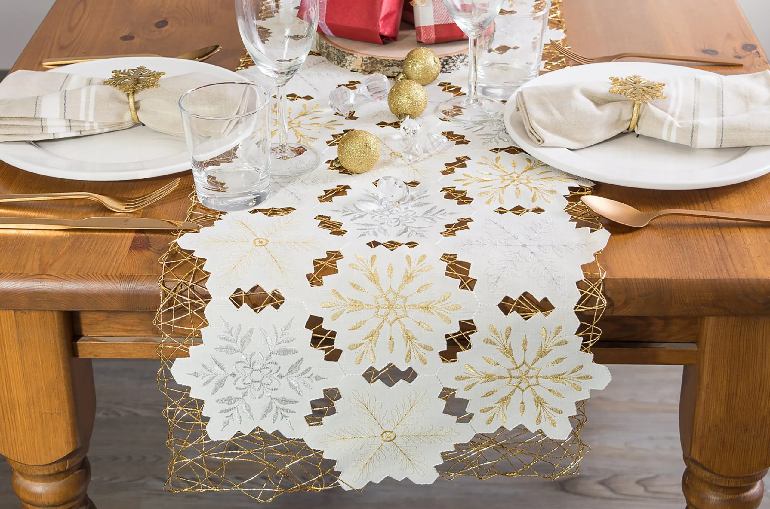 Contemporary Home Living 54" White And Gold Colored Embellished Snowflakes Table Runner