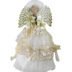 Angel Tree Toppers*Northlight 16" White And Gold Lighted Angel Sequined Gown Christmas Tree Topper
