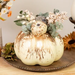 Northlight 9" White And Gold Pumpkins Fall Harvest Arrangement