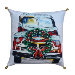 Pillows & Throws*Contemporary Home Living 18" White And Green Christmas Holiday Car Hand Illustrated Throw Pillow