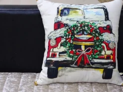 Pillows & Throws*Contemporary Home Living 18" White And Green Christmas Holiday Car Hand Illustrated Throw Pillow