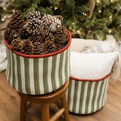 Decoration Storage*Colonial Mills 14" White And Green Vertical Striped Braided Round Christmas Storage Basket