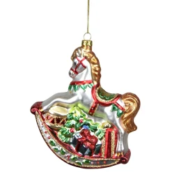 Northlight Animals>5" White And Red Rocking Horse With Gifts Glass Christmas Ornament