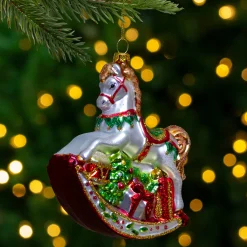 Northlight Animals>5" White And Red Rocking Horse With Gifts Glass Christmas Ornament