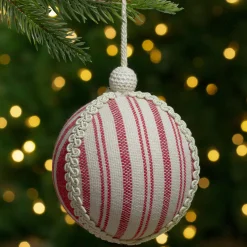 Northlight Balls>4.75" White And Red Striped Ball Christmas Ornament With Rope Accent