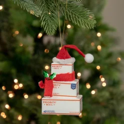 Northlight Occupations>4.5" White And Red "Usps Priority Mail" Stacked Packages Santa Hat Christmas Ornament