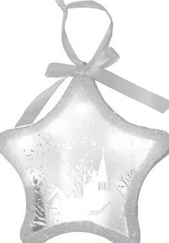 Northlight Stars>8" White And Silver Led Sparkle Star With Winter Scene Christmas Ornament