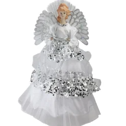 Angel Tree Toppers*Northlight 16" White And Silver Lighted Fiber Optic Angel Sequined Gown Christmas Tree Topper