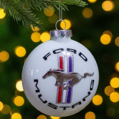 Northlight Transportation>3.5" White Ford Mustang Logo Collectible Glass Christmas Disc Ornament