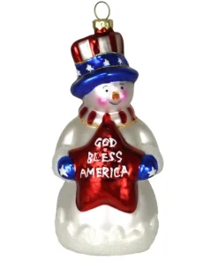 GC Home & Garden Snowmen>6.5" White Snowman With God Bless America Design Hand Blown Glass Hanging Figurine Ornament