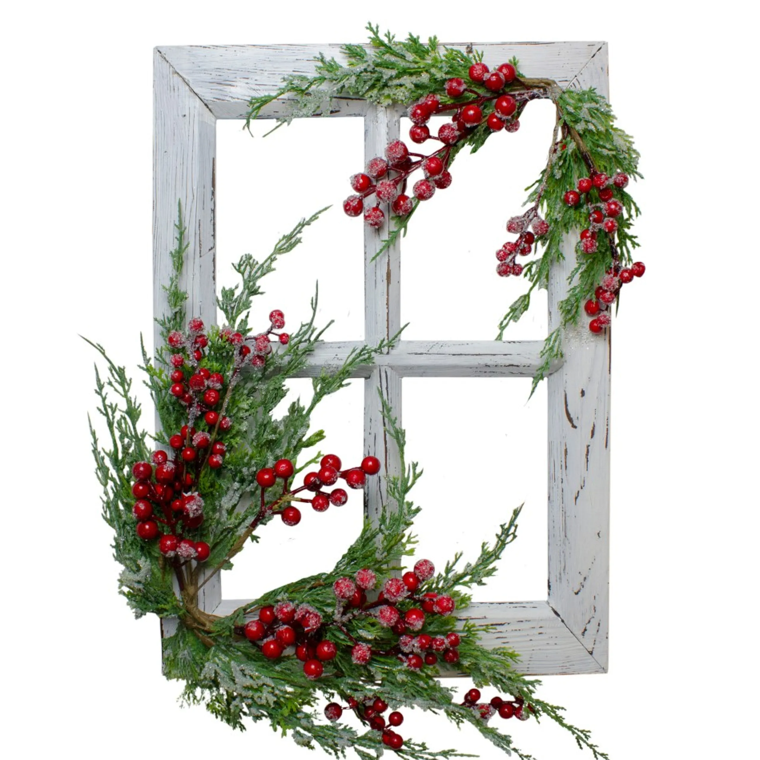 Wall & Door Decorations*Northlight 24" White Washed Window With Frosted Berries And Cedar Christmas Wall Decor