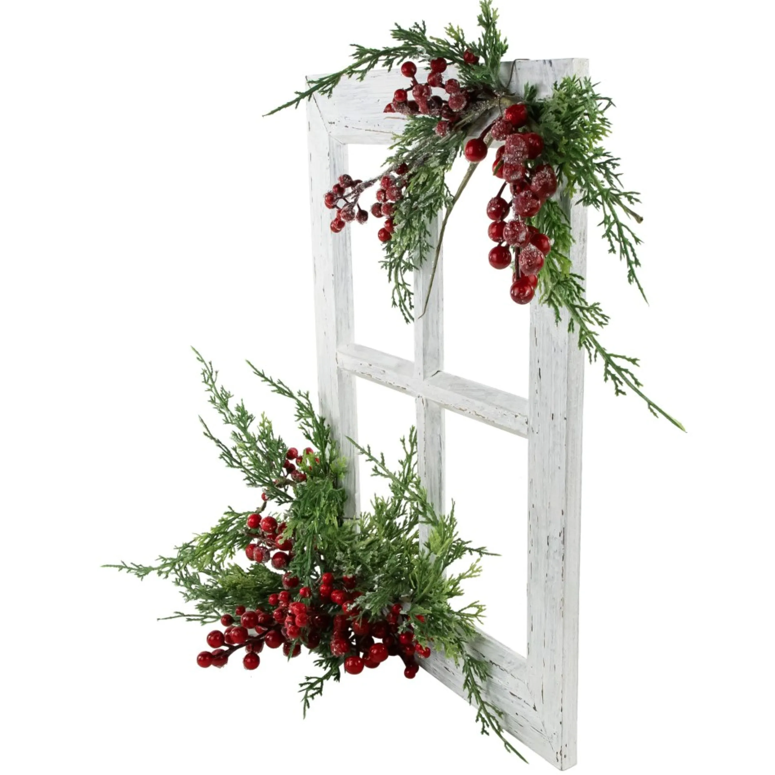 Wall & Door Decorations*Northlight 24" White Washed Window With Frosted Berries And Cedar Christmas Wall Decor