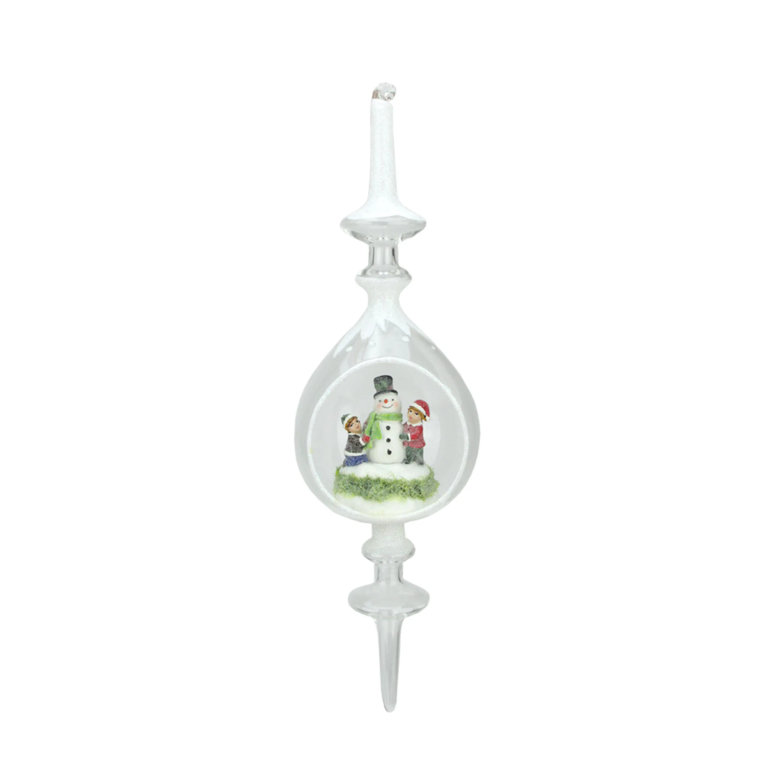 Roman Finials>12.5" Winter Scene With Children Building Snowman Inside Of Glass Christmas Pendant Finial Ornament