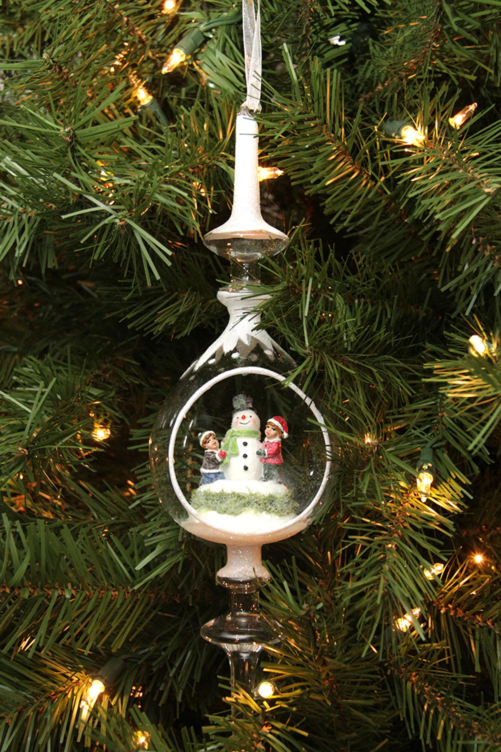 Roman Finials>12.5" Winter Scene With Children Building Snowman Inside Of Glass Christmas Pendant Finial Ornament