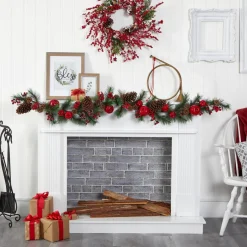 Traditional Pine Garland*Nearly Natural 6' X 12" Berry And Pinecone With Apple Artificial Christmas Garland, Unlit