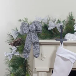 Bows*Northlight 14" X 9" Gray And White Snowflake 6 Loop Christmas Bow Decoration