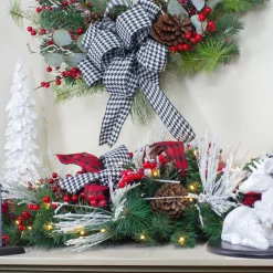 Pre-Lit Garland*Northlight 6' X 12" Pre-Lit Plaid Bows And Red Berries Artificial Christmas Garland - Warm White Lights