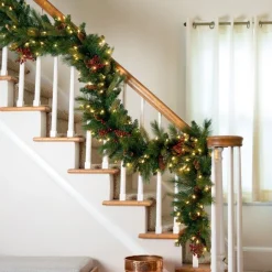 Traditional Pine Garland*Celestial Lights 9' X 12" Pre-Lit Woodland Berry Artificial Christmas Garland, Clear Lights