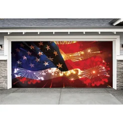 Showdown Displays 7' X 16' Red And Blue Outdoor American Flag With Fireworks Double Car Garage Door Banner