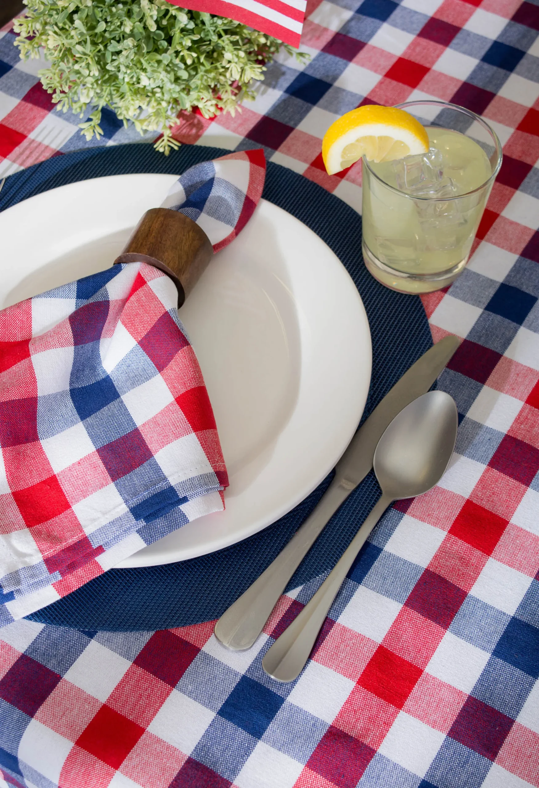 CC Home Furnishings 60" X 84" Red, White And Blue Checkered Americana Rectangular Tablecloth