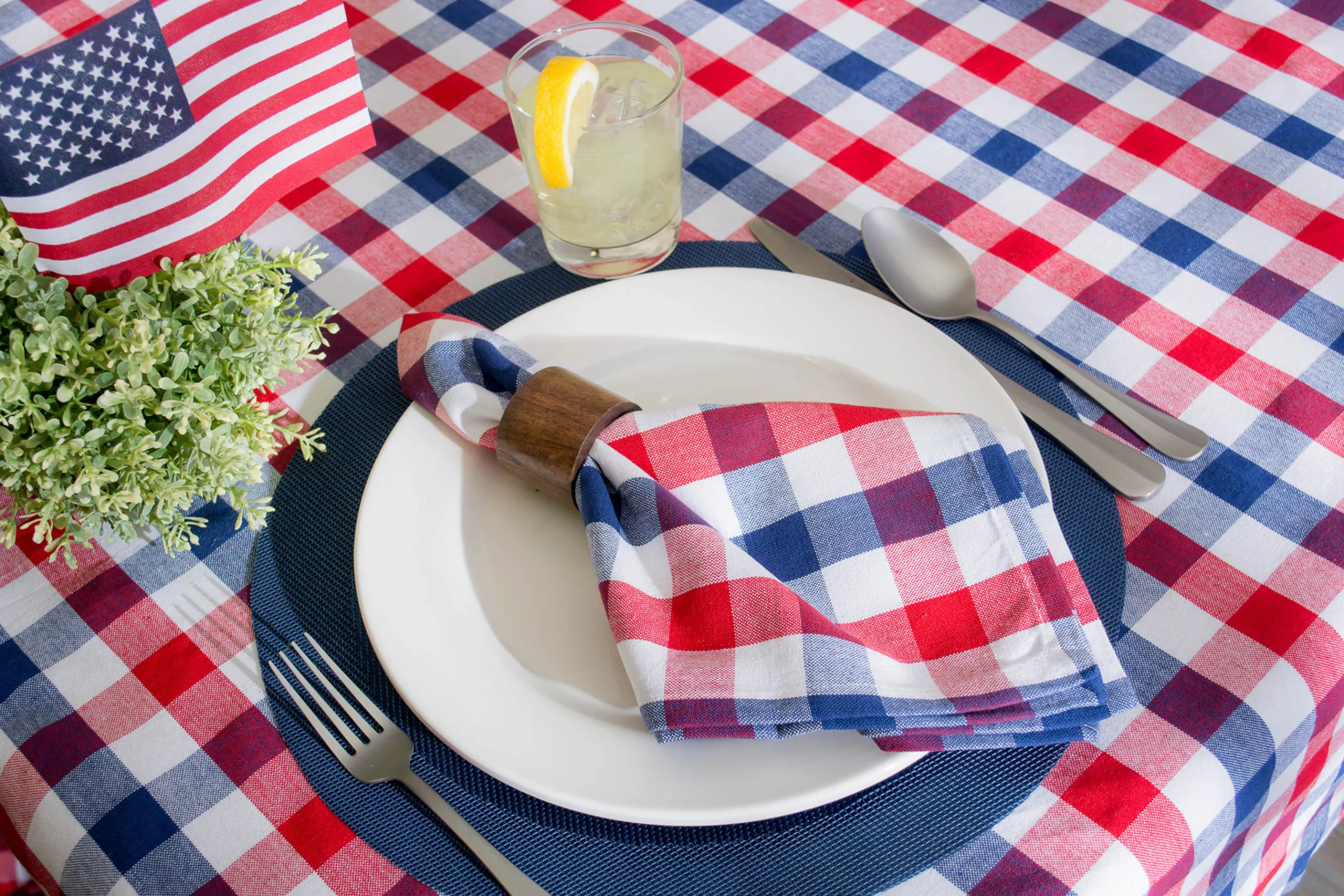 CC Home Furnishings 60" X 84" Red, White And Blue Checkered Americana Rectangular Tablecloth