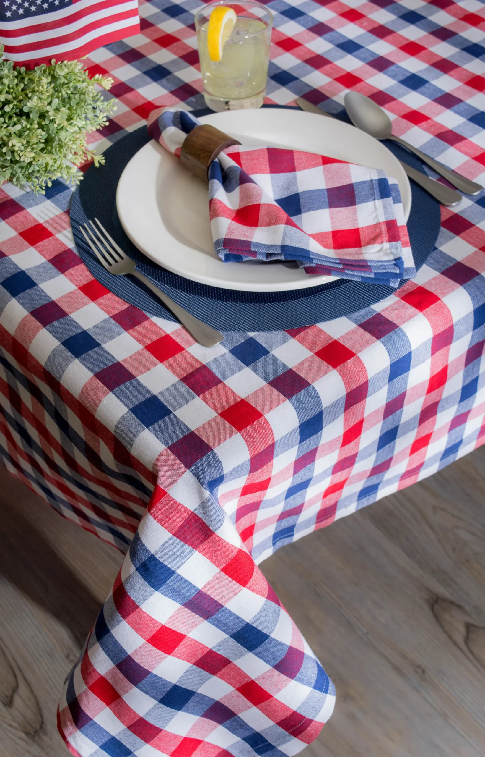 CC Home Furnishings 60" X 84" Red, White And Blue Checkered Americana Rectangular Tablecloth
