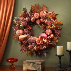 Specialty Wreaths*Nearly Natural Autumn Harvest Maple Berries And Pinecones Wreath, 28-Inch, Unlit