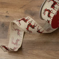 Ribbon*Northlight Beige And Red Plaid Buffalo With Reindeer Christmas Wired Craft Ribbon 2.5" X 16 Yards