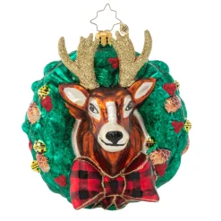 Christopher Radko Collectible> Rustic Reindeer Wreath Glass Christmas Ornament 1021164