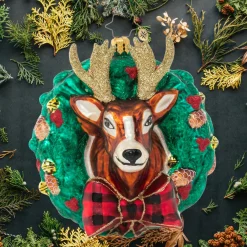 Christopher Radko Collectible> Rustic Reindeer Wreath Glass Christmas Ornament 1021164