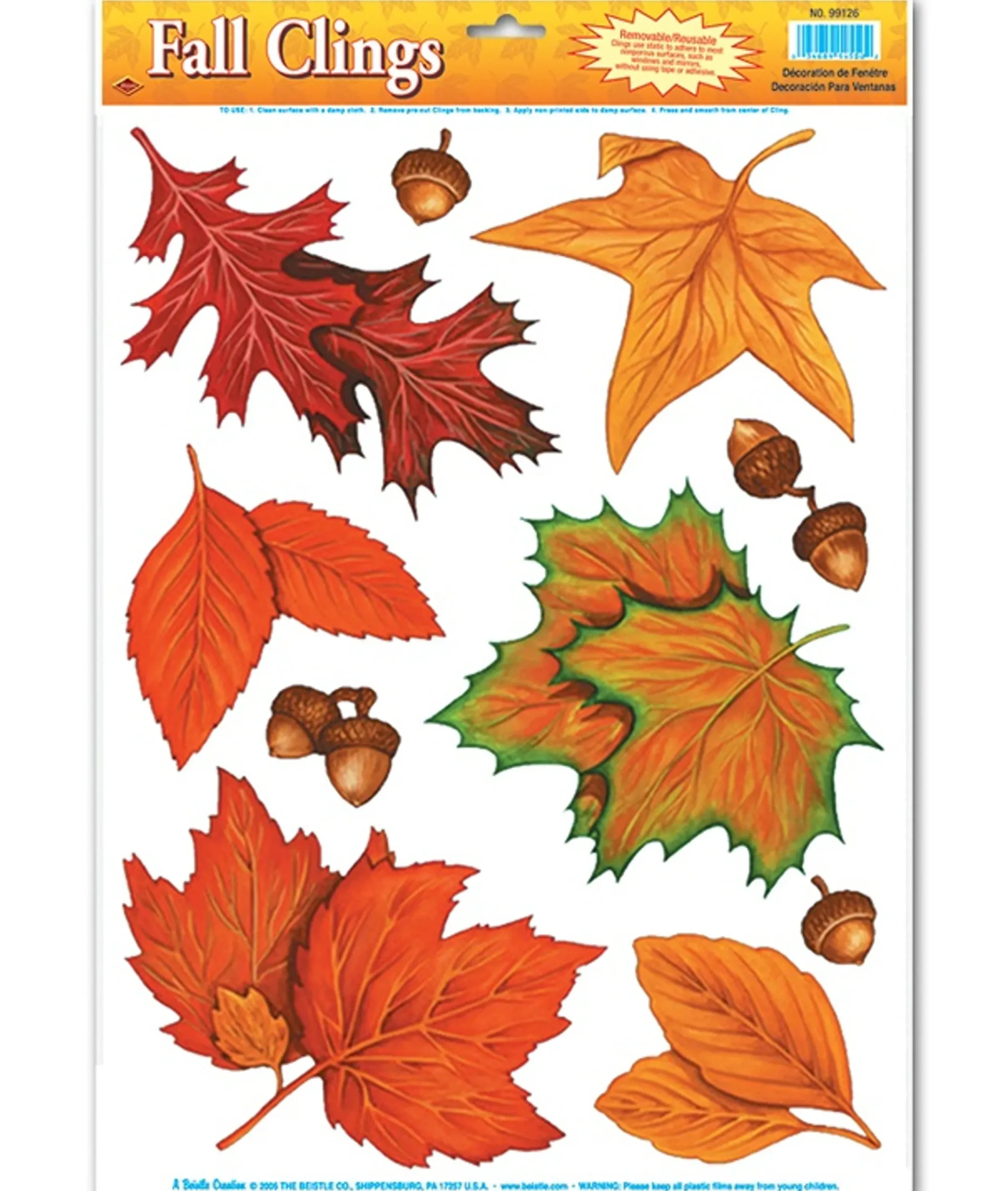 Beistle Club Pack Of 120 Autumn Leaves And Acorns Fall Window Clings 17"