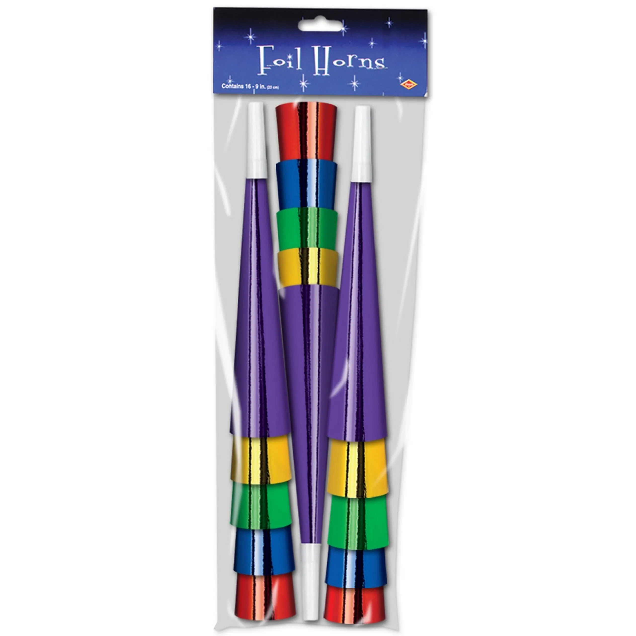 Beistle Club Pack Of 180 Multi-Colored New Year's Eve Foil Trumpet Horn Party Favors 9"