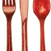 Party Central Club Pack Of 288 Red Glittered Heavy-Duty Knives And Spoons 9.5"