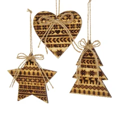 CC Christmas Decor Stars>Club Pack Of 24 Wooden Brown Heart, Star And Tree Shaped Hanging Ornaments 4.33"